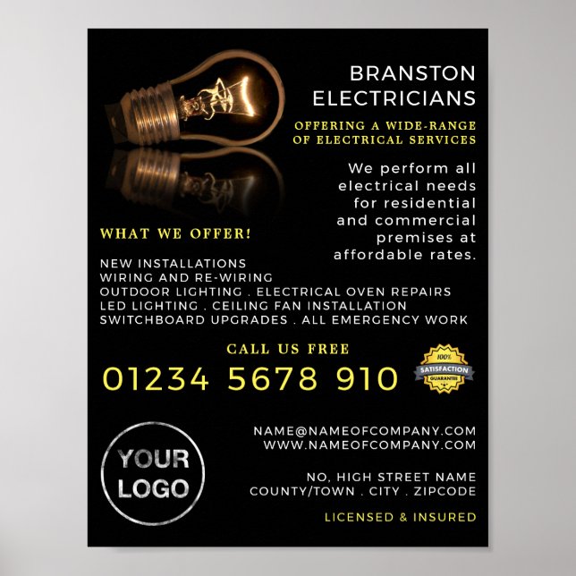 Stylish Lightbulb, Electrician Advertising Poster (Front)