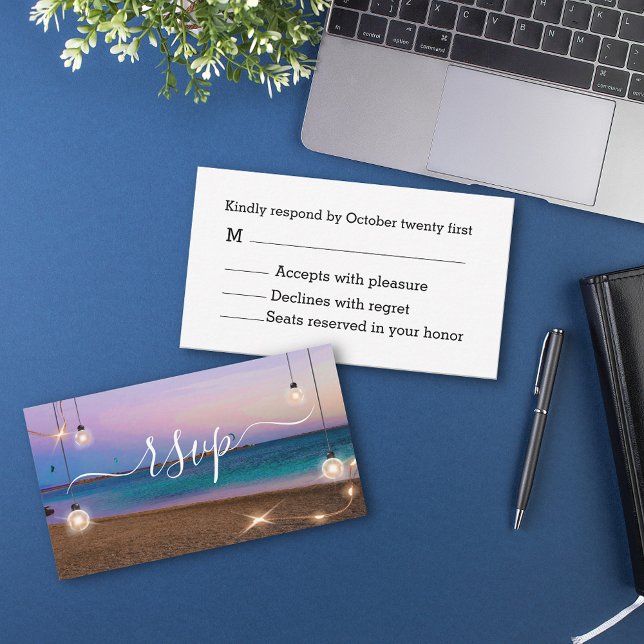 stylish lights beach sunset tropical rsvp wedding card (Creator Uploaded)