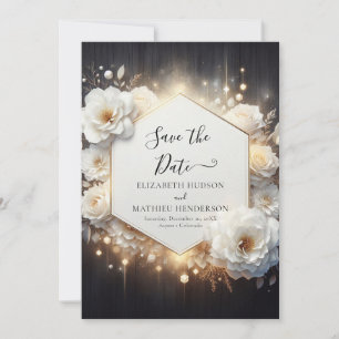 Stylish Lights White Roses Wedding Save The Date