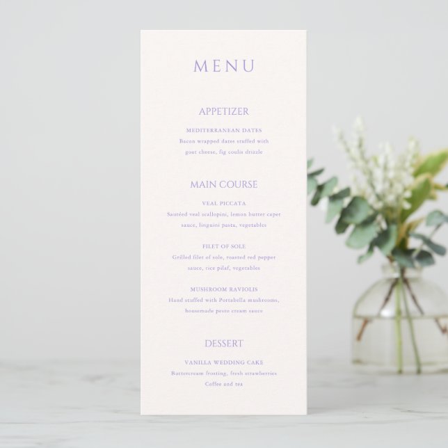 Stylish Lilac Modern Wedding Menu (Standing Front)