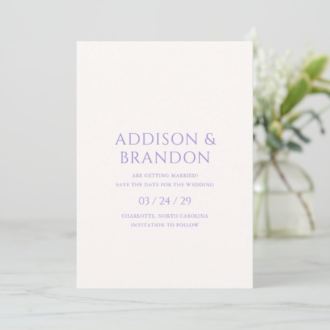 Stylish Lilac Modern Wedding Save The Date (Standing Front)