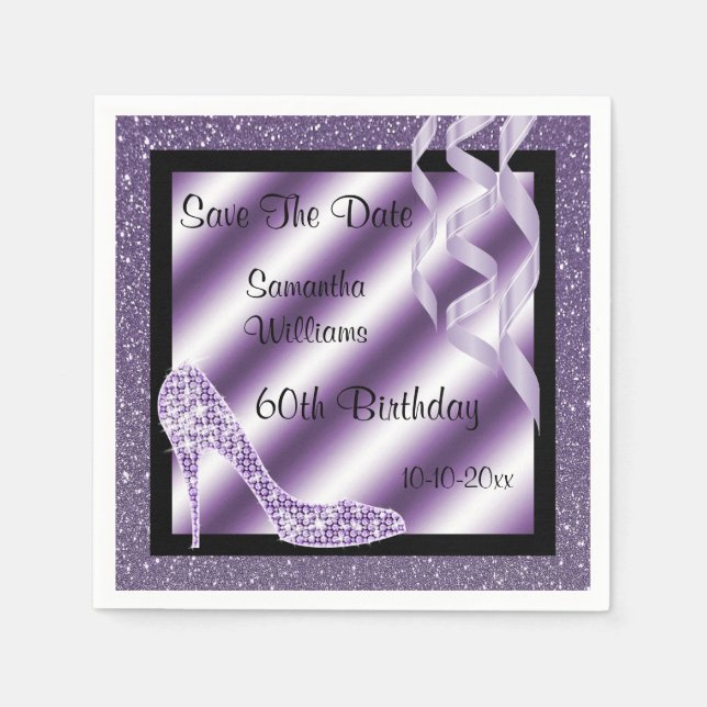 Stylish Lilac Stiletto & Streamers 60th Birthday Napkin (Front)