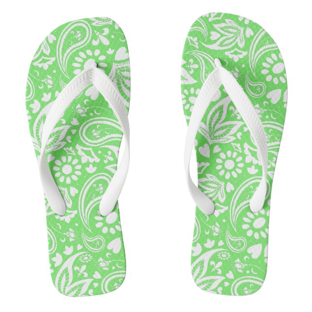 Stylish Lime Green and White Paisley Patterned Thongs (Footbed)