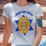Stylish Lion of Judah and Star I Stand with Israel T-Shirt<br><div class="desc">This beautiful, stylish shirt shows your support for Israel! A digitally painted Lion of Judah is the focal point, over the background of the Star of David. Modern typography reads, "I Stand with Israel" in blue. A textured blue background adds a grunge look. *Artwork exclusively created by Tracey Khalei /...</div>