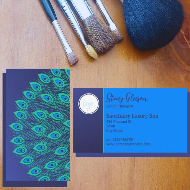 STYLISH LOGO ART DECO BLUE GREEN PEACOCK FEATHER BUSINESS CARD (Creator Uploaded)