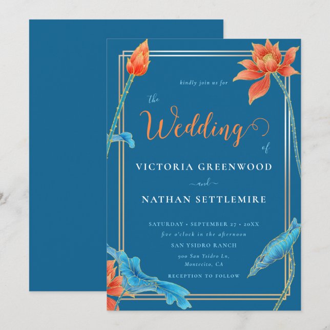 Stylish Lotus Flower Orange and Blue Wedding  Invitation (Front/Back)