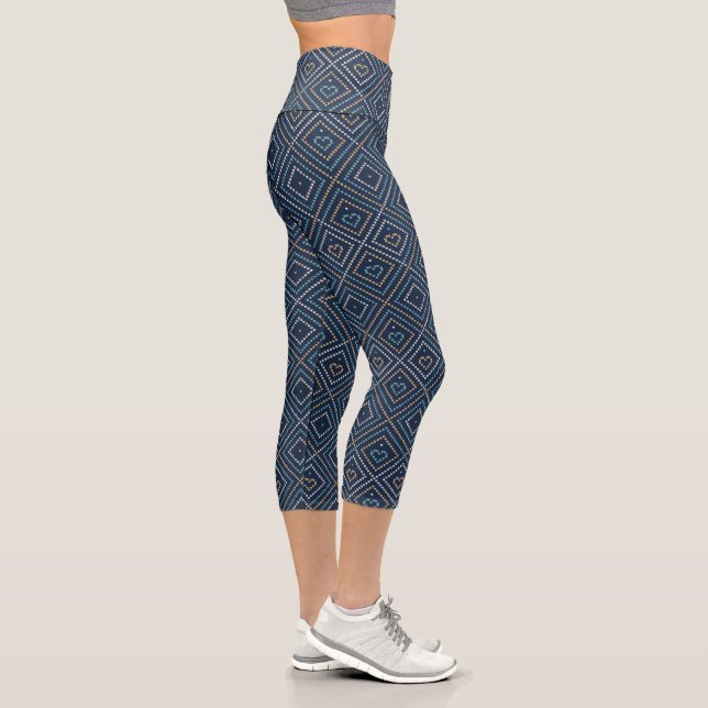 Stylish Love Heart Girly Geometric Blue Pattern Capri Leggings (Right)