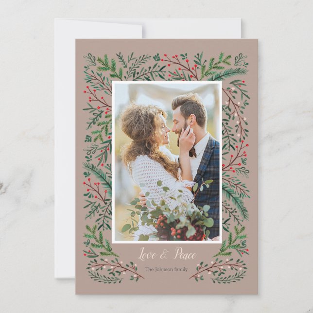 Stylish Love & Peace Green Pine Tree wreath Photo Holiday Card (Front)