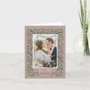 Stylish Love & Peace Green Pine Tree wreath Photo Holiday Card