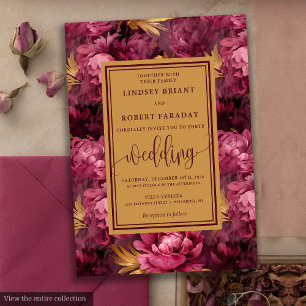 Stylish Lux Marsala Gold Roses Wedding Invitation