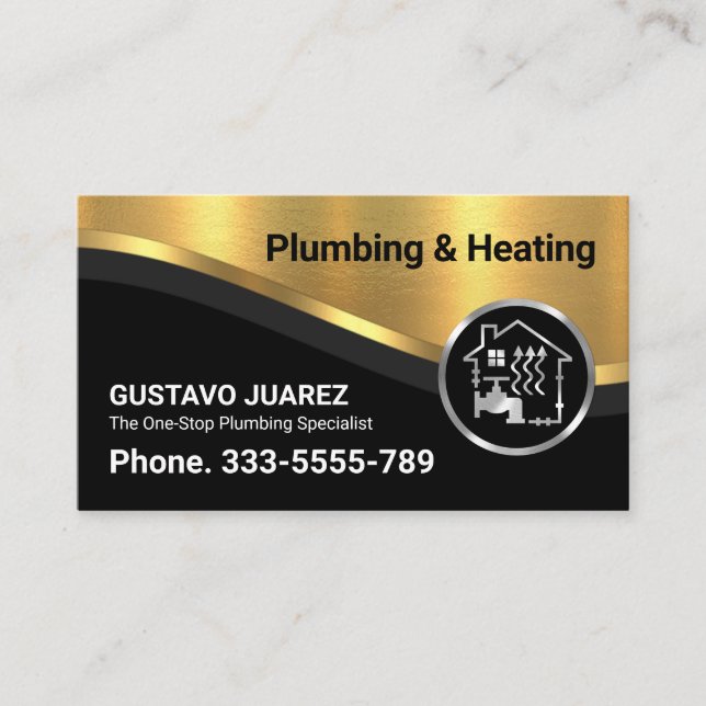 Stylish Luxurious Gold Curve Wave Plumber Business Card (Front)