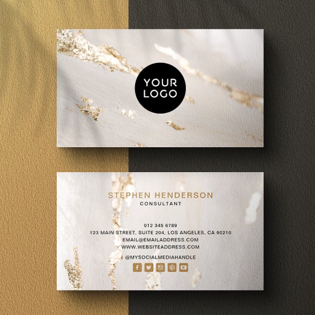 Stylish Luxury Faux Gold Foil Logo & Social Media  Business Card (Creator Uploaded)