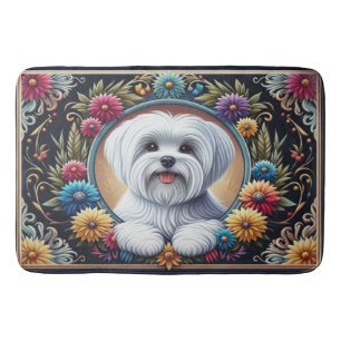Stylish Maltese Dog Floral Colourful Border Bath Mat