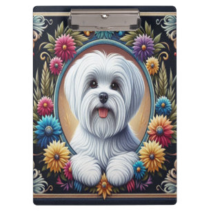 Stylish Maltese Dog Floral Colourful Border Clipboard