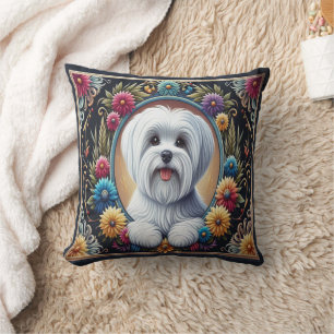 Stylish Maltese Dog Floral Colourful Border Cushion