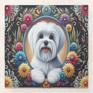 Stylish Maltese Dog Floral Colourful Border Glass Coaster