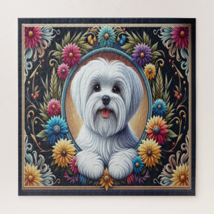 Stylish Maltese Dog Floral Colourful Border Jigsaw Puzzle
