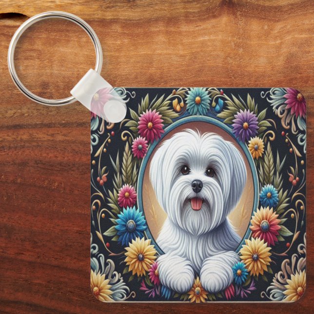 Stylish Maltese Dog Floral Colourful Border Key Ring (Front)