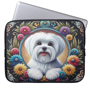 Stylish Maltese Dog Floral Colourful Border Laptop Sleeve