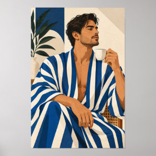 Stylish Man with Coffee Blue Striped Modern Wall A Poster