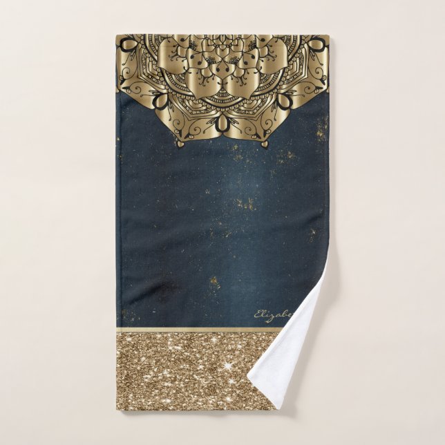 Stylish Mandala,Gold Stripes Glitter Navy Blue Bath Towel Set (Hand Towel)
