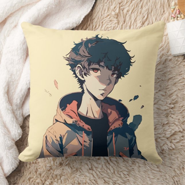 Stylish Manga Boy in Brown Jacket Cushion (Blanket)