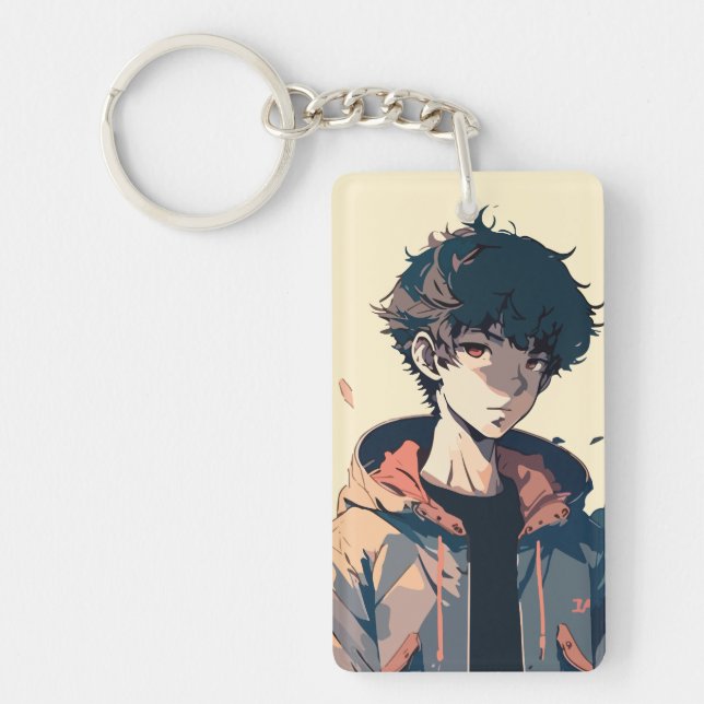 Stylish Manga Boy in Brown Jacket Key Ring (Front)
