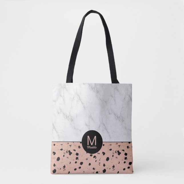 Stylish Marble and Rose Gold Pattern with Monogram Tote Bag (Front)