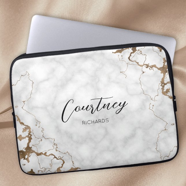 Stylish Marble Gold Glitter Monogram Name or Logo Laptop Sleeve (Marble and gold glitter personalized laptop sleeve with space for your name or logo)