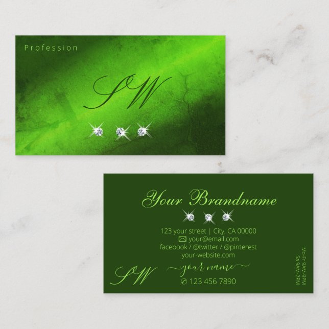 Stylish Marble Green Sparkling Diamonds Initials Business Card (Front/Back)