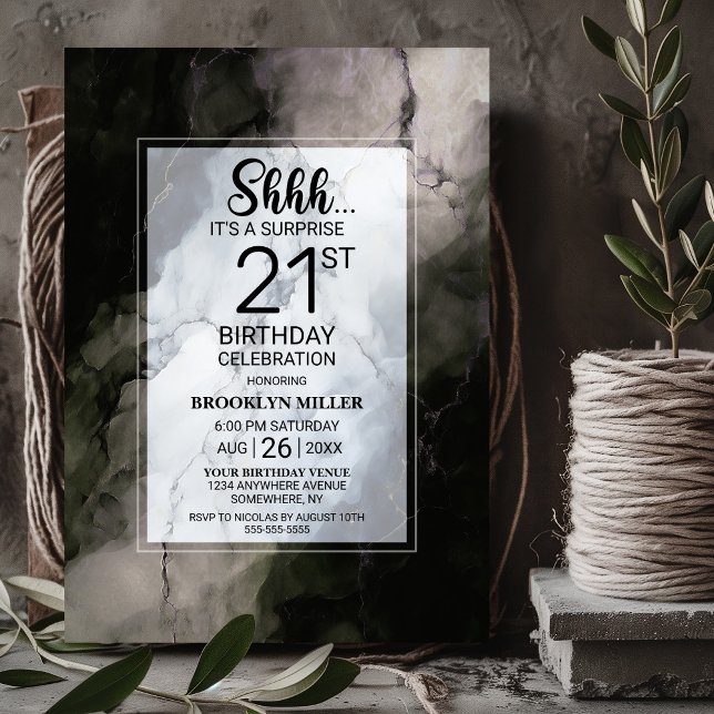 Stylish Marble Surprise 21st Birthday Party Invitation (Creator Uploaded)