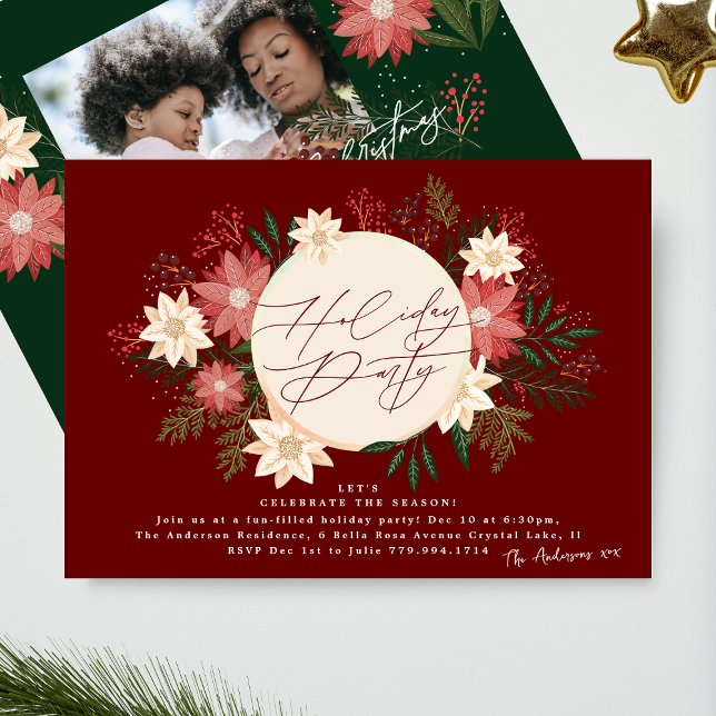Stylish Maroon Christmas Poinsettia Holiday Party Invitation (Creator Uploaded)