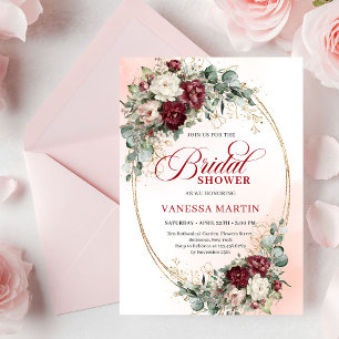 Stylish Maroon Flowers Eucalyptus Bridal Shower   Invitation