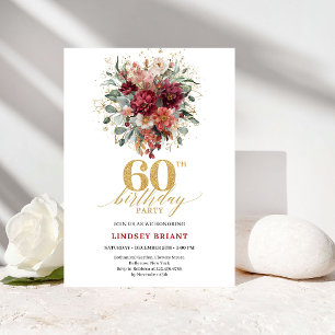 Stylish Maroon Gold Autumn Floral 60th Birthday Invitation