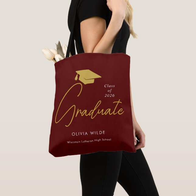 Stylish Maroon Personalised Graduation Tote Bag (Close Up)