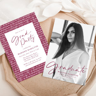 Stylish Maroon Script Photo Graduation Party Invitation