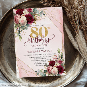 Stylish Marsala Blush Gold Flowers 80th Birthday  Invitation