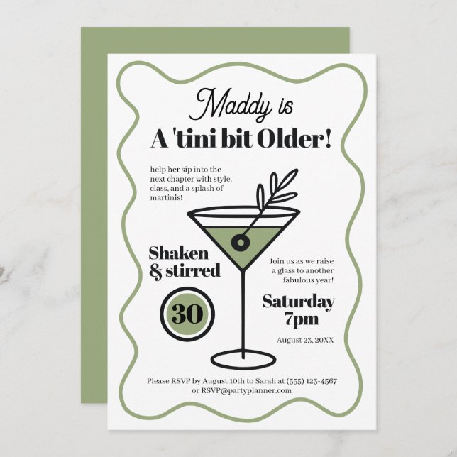 Stylish Martini Invitations Any Age Birthday  (Front/Back)