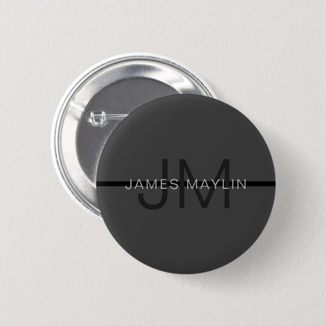 Stylish Masculine Dark Grey Name & Monogram  6 Cm Round Badge (Front & Back)