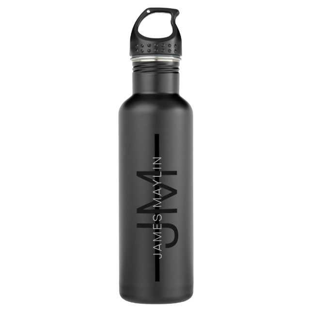 Stylish Masculine Dark Grey Name & Monogram  710 Ml Water Bottle (Front)