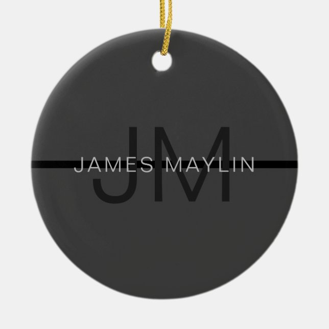 Stylish Masculine Dark Grey Name & Monogram  Ceramic Ornament (Front)