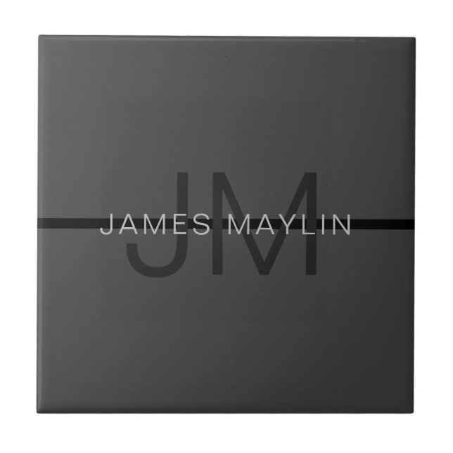 Stylish Masculine Dark Grey Name & Monogram  Ceramic Tile (Front)