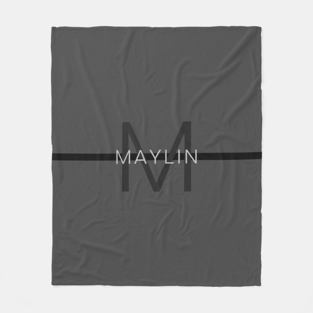 Stylish Masculine Dark Grey Name & Monogram  Fleece Blanket (Front)