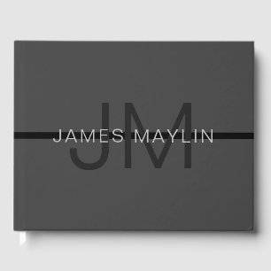 Stylish Masculine Dark Grey Name & Monogram Guest Book