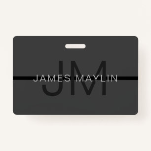 Stylish Masculine Dark Grey Name & Monogram ID Badge