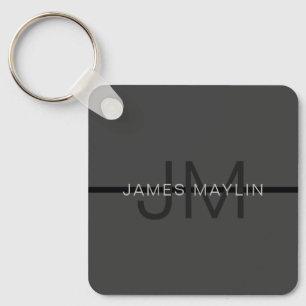 Stylish Masculine Dark Grey Name & Monogram  Key Ring