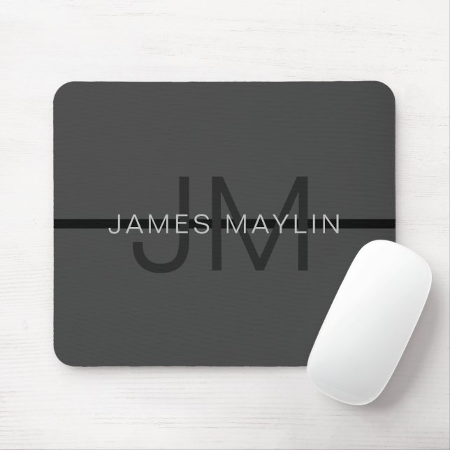 Stylish Masculine Dark Grey Name & Monogram  Mouse Pad (With Mouse)