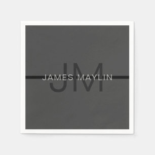 Stylish Masculine Dark Grey Name & Monogram  Napkin