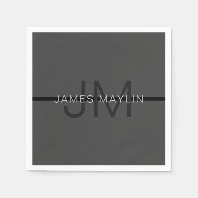 Stylish Masculine Dark Grey Name & Monogram  Napkin (Front)