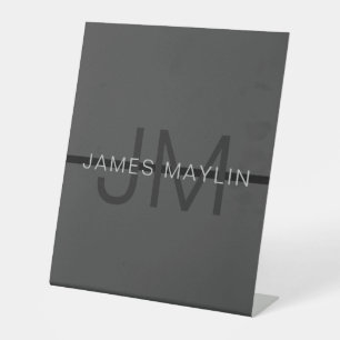 Stylish Masculine Dark Grey Name & Monogram  Pedestal Sign